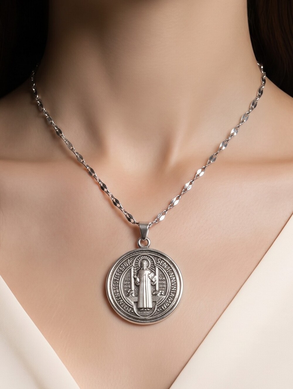 Silver St. Benedict Medal Necklace Stainless Steel Catholic Protection Pendant
